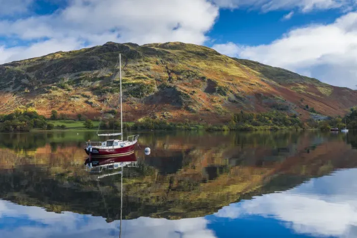Framed Print : Red Sailboat on Ullswater, Lake District National Park, Cumbria, England Framed Print : Red Sailboat on Ullswater, Lake District National Park, Cumbria, England