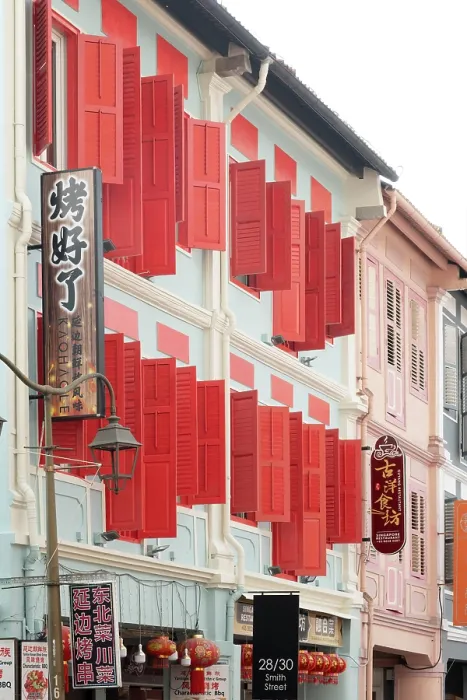 Framed Print : Red shtters on shophouse, China Town, Singapore Framed Print : Red shtters on shophouse, China Town, Singapore