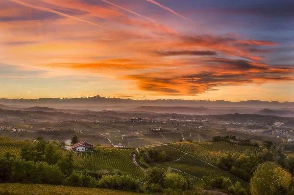 Red Sunset in Langa up the hills of Castiglione Tinella, Piedmont, Italy, Europe