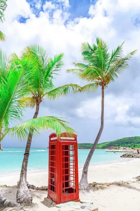 Framed Print : Red telephone box on the palm fringed Dickenson beach, Antigua, Antigua & Barbuda, Caribbean, West Indies Framed Print : Red telephone box on the palm fringed Dickenson beach, Antigua, Antigua & Barbuda, Caribbean, West Indies