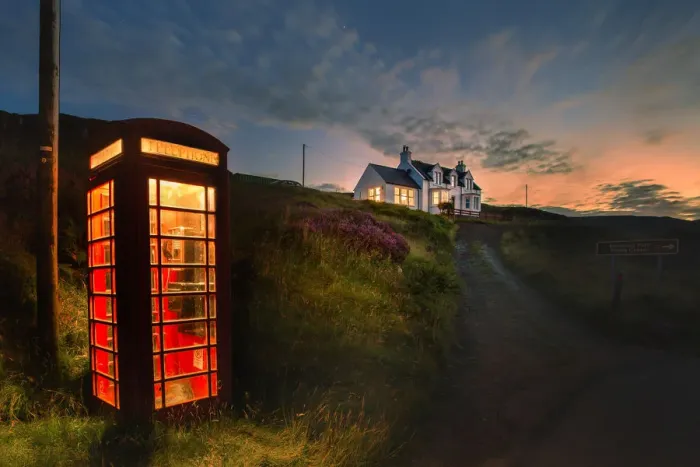 Framed Print : Red telephone box in a remote place on the the Isle of Skye, Scotland Framed Print : Red telephone box in a remote place on the the Isle of Skye, Scotland