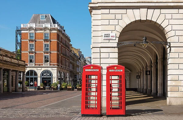 Red telephone boxes in Covent Garden, London, England