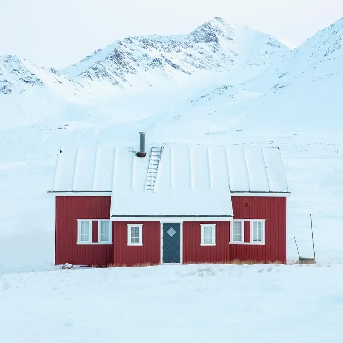 Framed Print : Red timber house in remote former mining town of Ny Alesund, Oscar II Land, Spitsbergen, Svalbard, Norway