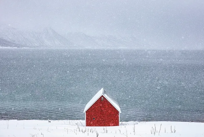 Framed Print : Red timber rorbu (cabin) in falling snow, Straumen Gard, Straumsbukta, Kvaloya, near Tromso, Norway Framed Print : Red timber rorbu (cabin) in falling snow, Straumen Gard, Straumsbukta, Kvaloya, near Tromso, Norway