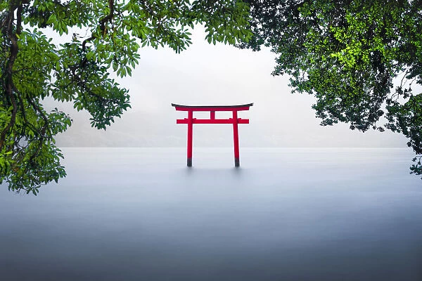 Red torii gate at lake Ashinoko, Hakone, Kanagawa Prefecture, Honshu, Japan