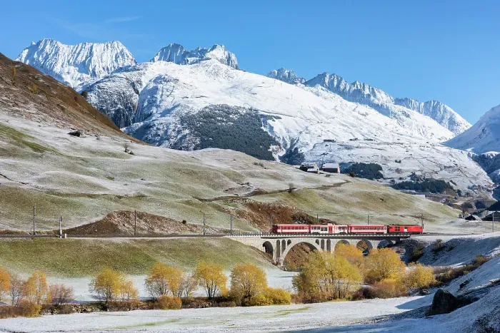 Framed Print : The red train of Canton Uri during autumn, Canton of Uri, Switzerland Framed Print : The red train of Canton Uri during autumn, Canton of Uri, Switzerland