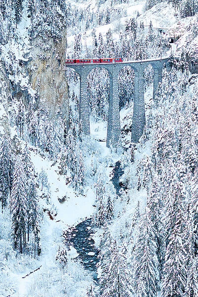 Red train on famous Landwasser viaduct in the frozen snowy woods in winter, Filisur, Graubunden canton, Switzerland
