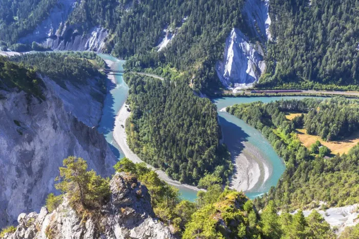 Framed Print : Red train travel in the Rhine Gorge(Ruinaulta), Flims, District of Imboden, Canton Framed Print : Red train travel in the Rhine Gorge(Ruinaulta), Flims, District of Imboden, Canton