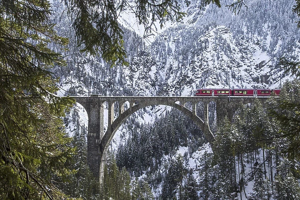The red train on the Wiesener Viadukt surrounded by snowy mountains
