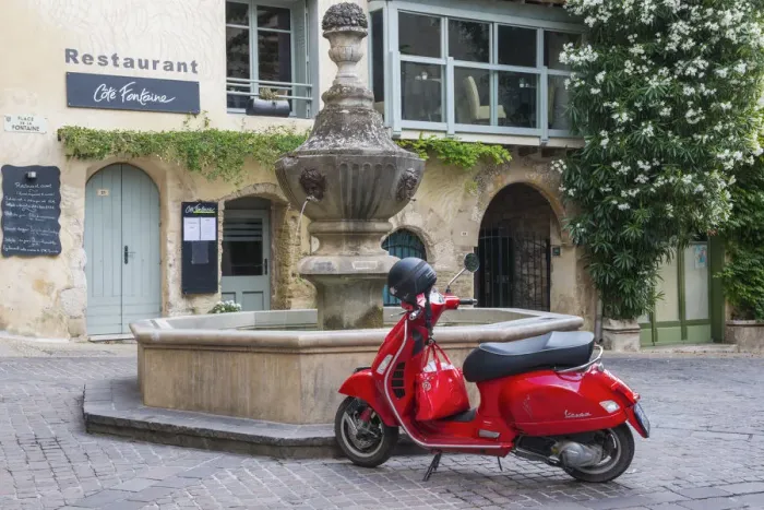 Framed Print : Red Vespa & Fountain, Venasque, Provence, France Framed Print : Red Vespa & Fountain, Venasque, Provence, France