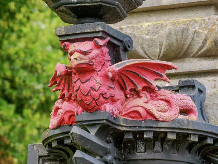 Framed Print : Red Welsh Dragon detail in front of the City Hall, Cardiff, Wales, United Kingdom