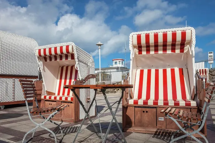 Framed Print : Red and white beach chairs in a beach restaurant at the pier of Prerow, Mecklenburg-Western Pomerania, Baltic Sea, Northern Germany, Germany Framed Print : Red and white beach chairs in a beach restaurant at the pier of Prerow, Mecklenburg-Western Pomerania, Baltic Sea, Northern Germany, Germany