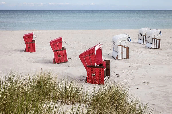 Red and white beach chairs in Zingst, Mecklenburg-Western Pomerania, Northern Germany