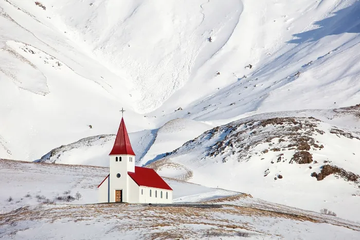 Framed Print : Red and white church with snow-covered mountains in the background, Vik y Myrdal, South Iceland Framed Print : Red and white church with snow-covered mountains in the background, Vik y Myrdal, South Iceland