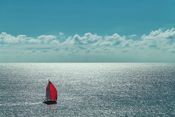 Red & White Sailboat on North Sea, Dorset, England