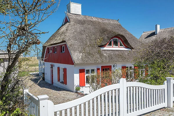 Red and white thatched dyke house in Ahrenshoop, Mecklenburg-West Pomerania, Northern Germany, Germany