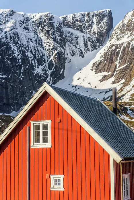 Framed Print : Red wood facade of traditional Rorbu house in the snow, Reine, Nordland county, Lofoten Islands, Norway Framed Print : Red wood facade of traditional Rorbu house in the snow, Reine, Nordland county, Lofoten Islands, Norway
