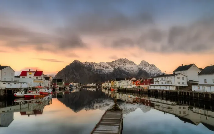 Framed Print : Reflected in the waters, Henningsvaer fjord. Lofoten Islands. Norway. Europe Framed Print : Reflected in the waters, Henningsvaer fjord. Lofoten Islands. Norway. Europe