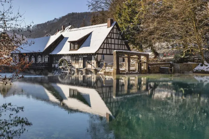 Framed Print : Mill reflecting in Blautopf Spring, Blaubeuren, Swabian Jura, Baden-Wurttemberg, Germany Framed Print : Mill reflecting in Blautopf Spring, Blaubeuren, Swabian Jura, Baden-Wurttemberg, Germany