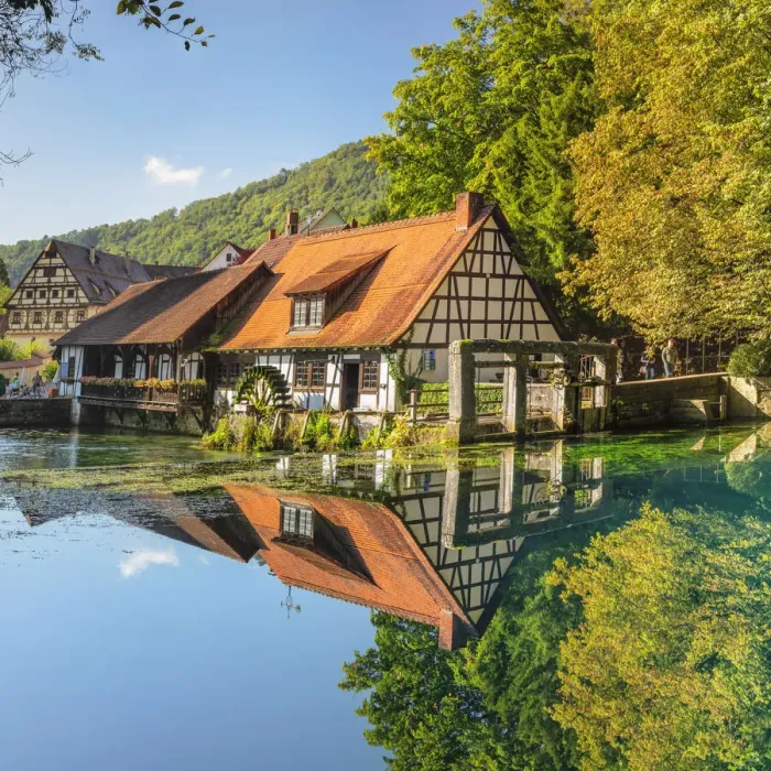 Framed Print : Mill reflecting in Blautopf Spring, Blaubeuren, Swabian Jura, Baden-Wurttemberg, Germany Framed Print : Mill reflecting in Blautopf Spring, Blaubeuren, Swabian Jura, Baden-Wurttemberg, Germany