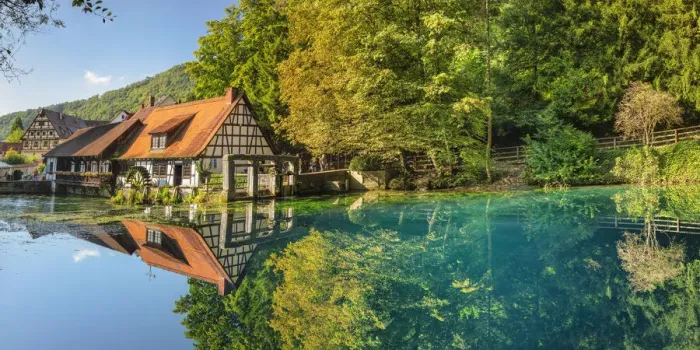Framed Print : Mill reflecting in Blautopf Spring, Blaubeuren, Swabian Jura, Baden-Wurttemberg, Germany Framed Print : Mill reflecting in Blautopf Spring, Blaubeuren, Swabian Jura, Baden-Wurttemberg, Germany