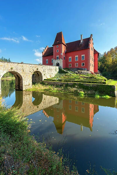 Reflection of Cervena Lhota Chateau, Pluhuv Zdar, Jindrichuv Hradec District, South Bohemian Region, Czech Republic