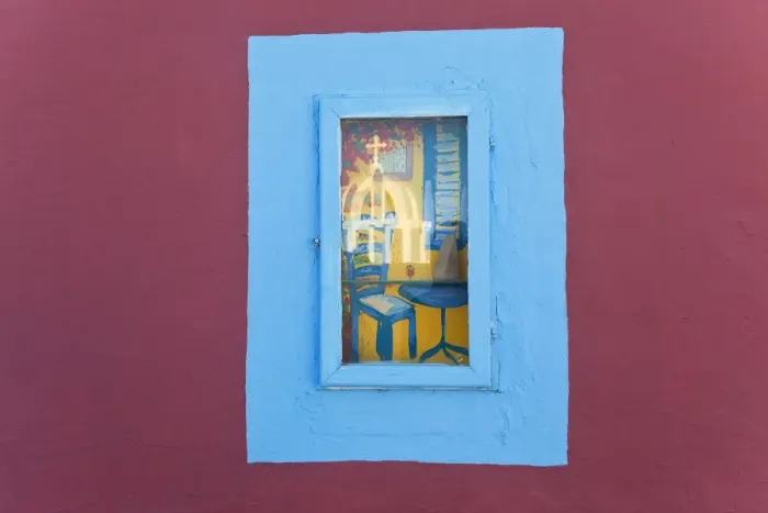 Framed Print : Reflection of church in picture window, Santorini (Thira), Cyclades, Greece Framed Print : Reflection of church in picture window, Santorini (Thira), Cyclades, Greece