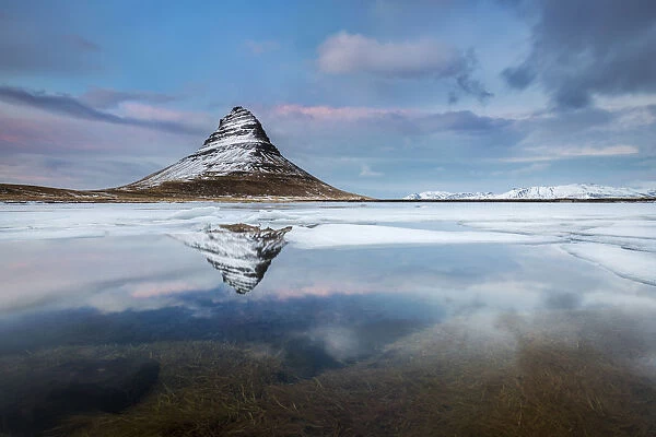 Reflection of Kirkjufell, Grundarfjorður, Snaefellsnes peninsula, Vesturland region, Iceland, Northern Europe
