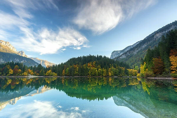 Reflection on Lake Tovel in autumn Europe, Italy, Trentino, Non valley, Trento province