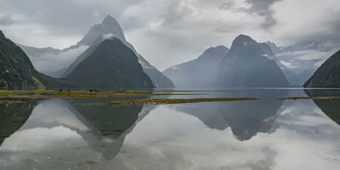 Framed Print : Reflection of Milford Sound on a cloudy summer day. Fiordland NP, Southland district