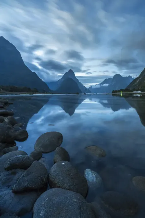 Framed Print : Reflection of Milford Sound at dusk in summer Framed Print : Reflection of Milford Sound at dusk in summer
