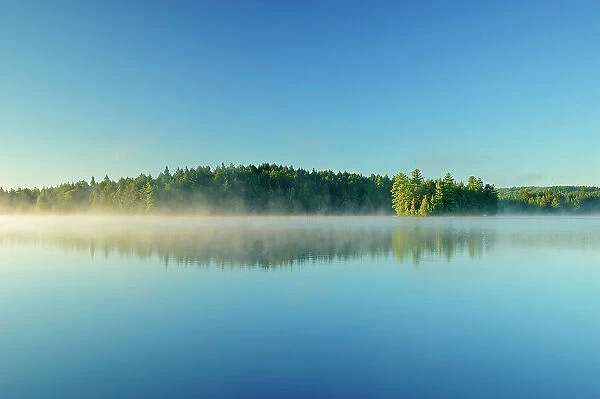 Reflection with morning fog rising on Cache Lake Algonquin Provincial Park, Ontario, Canada