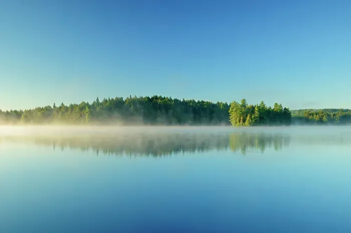 Framed Print : Reflection with morning fog rising on Cache Lake Algonquin Provincial Park, Ontario, Canada