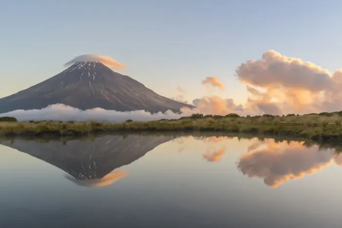 Framed Print : Reflection of Mount Taranaki at sunset. Egmont National Park, New Plymouth district