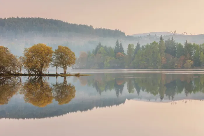 Framed Print : Reflections of autumn trees in the still waters of Loch Ard, Loch Lomond & The Trossachs, Scotland, UK