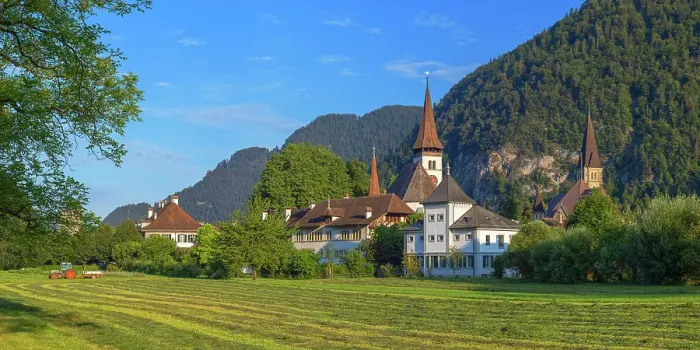 Framed Print : Reformed Castle Church, monastery and Interlaken Castle, Interlaken, Switzerland Framed Print : Reformed Castle Church, monastery and Interlaken Castle, Interlaken, Switzerland