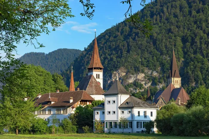 Framed Print : Reformed Castle Church, monastery and Interlaken Castle, Interlaken, Switzerland Framed Print : Reformed Castle Church, monastery and Interlaken Castle, Interlaken, Switzerland