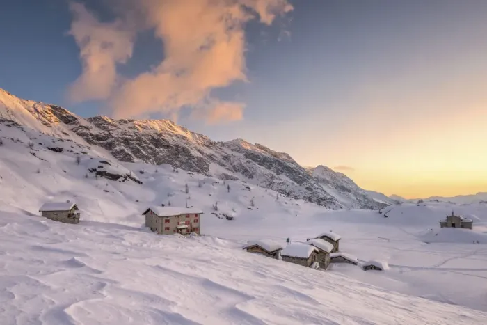 Framed Print : The refuge Cristina at sunset in a winter day at the Alpe Prabello, Prabello Alp in Framed Print : The refuge Cristina at sunset in a winter day at the Alpe Prabello, Prabello Alp in