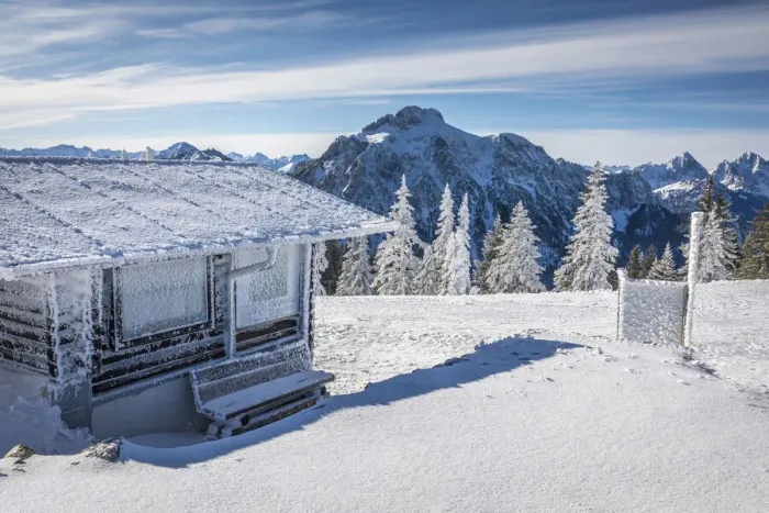 Framed Print : Refuge and snow-covered winter forest on Tegelberg in the Ammer Mountains, Schwangau Framed Print : Refuge and snow-covered winter forest on Tegelberg in the Ammer Mountains, Schwangau