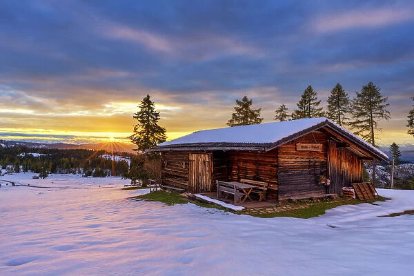 Refuge at Sunset in Fresh Snow, Trentino, South Tyrol, Dolomites, Italy
