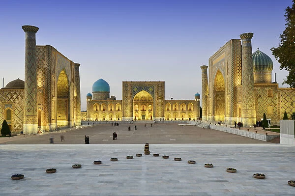 The Registan square and its three madrasahs. From left to right: Ulugh Beg Madrasah