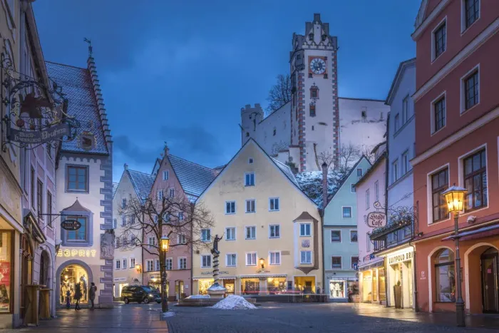 Framed Print : Reichenstrasse in the old town of Fuessen with a view of Hohes Schloss, Allgaeu, Bavaria, Germany Framed Print : Reichenstrasse in the old town of Fuessen with a view of Hohes Schloss, Allgaeu, Bavaria, Germany