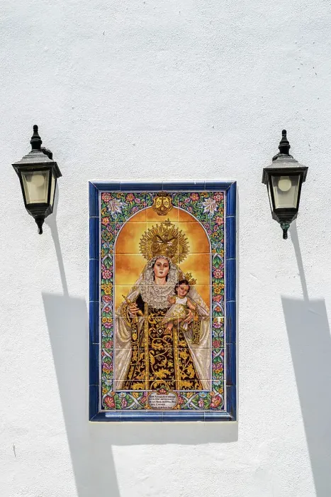 Framed Print : Religious ceramic altarpiece of Virgin Mary, Conil de la Frontera, Andalusia, Spain Framed Print : Religious ceramic altarpiece of Virgin Mary, Conil de la Frontera, Andalusia, Spain