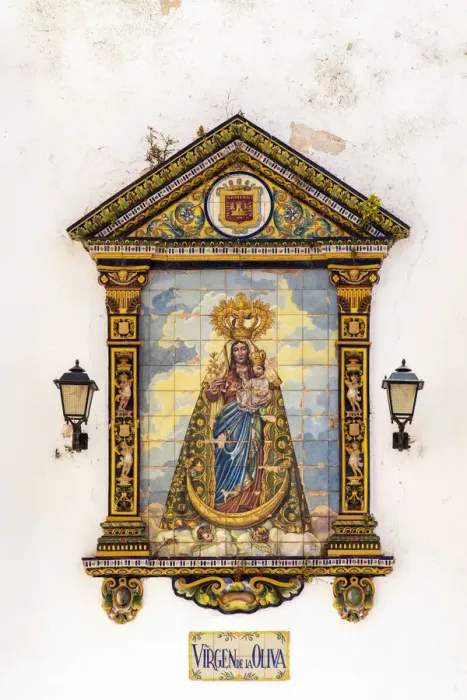 Framed Print : Religious icon tile work of Virgin Marys, Zahara de la Sierra, Andalusia, Spain
