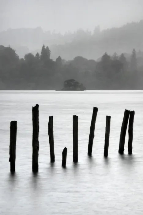 Framed Print : Remains of jetty in the mist, Derwentwater, Cumbria, England, UK Framed Print : Remains of jetty in the mist, Derwentwater, Cumbria, England, UK