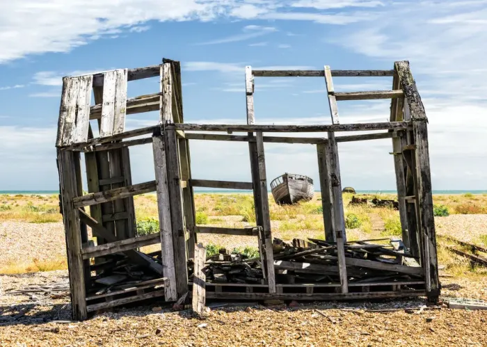 Framed Print : Remains of the old wooden fishing hut, Dungeness, Kent, England Framed Print : Remains of the old wooden fishing hut, Dungeness, Kent, England