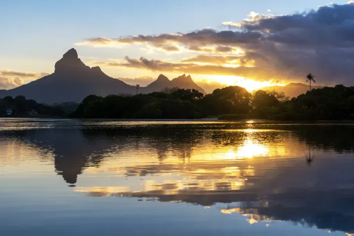 Framed Print : Rempart mountain reflected in Tamarin bay at sunrise Framed Print : Rempart mountain reflected in Tamarin bay at sunrise