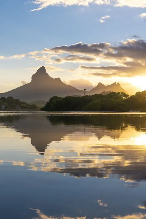 Framed Print : Rempart mountain reflected in Tamarin bay at sunrise Framed Print : Rempart mountain reflected in Tamarin bay at sunrise