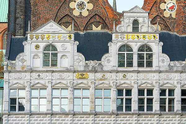 Detail of Renaissance facade of Lubeck Town Hall, Lubeck, UNESCO, Schleswig-Holstein, Germany