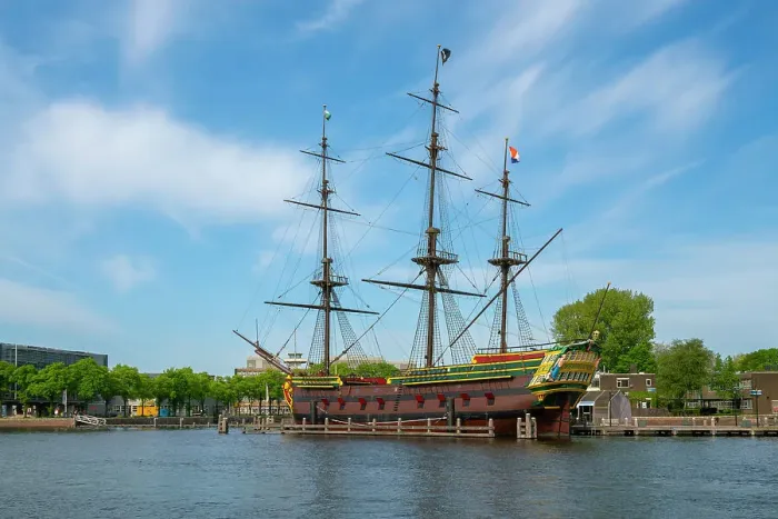 Framed Print : Replica of The Amsterdam moored in river against sky, Community Marineterrein, Amsterdam, Netherlands